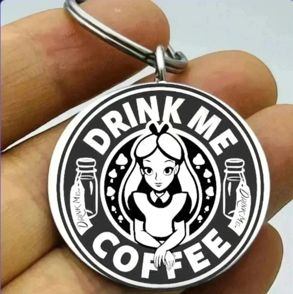 Alice in wonderland drink me coffee shop art keychain